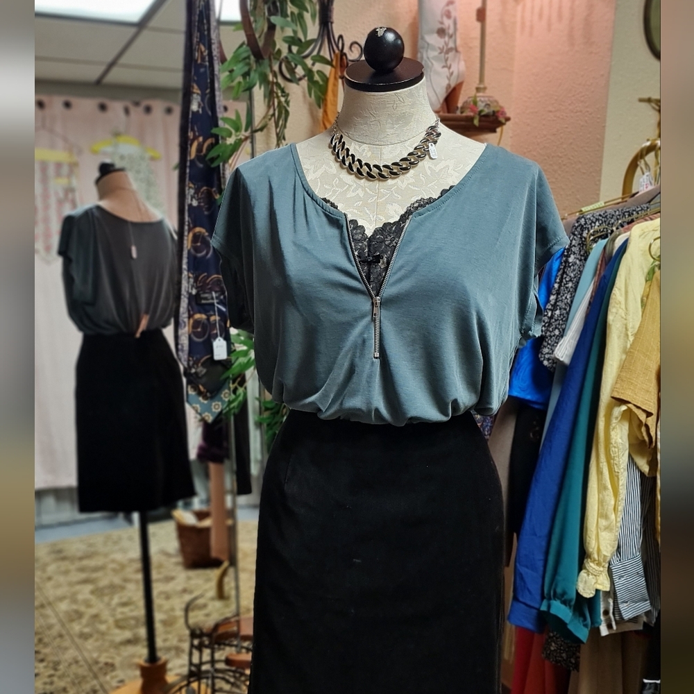 Teal Green Envelope Modal Blouse with Zipper size Medium